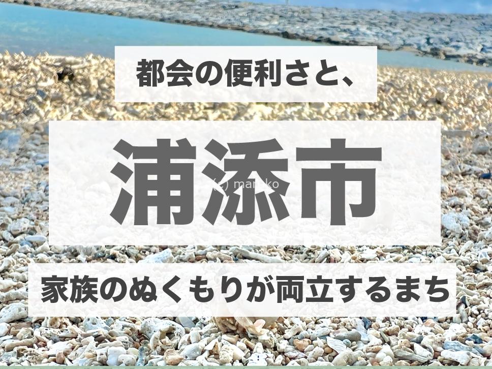 浦添市の街並みを背景にしたアイキャッチ画像。海と都市が近い子育てしやすい環境を表現。